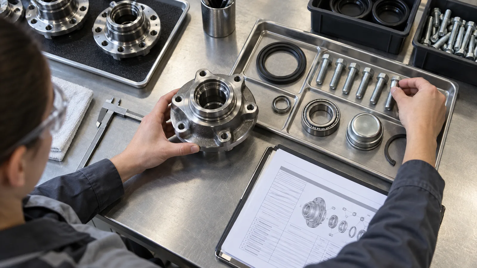 Quality engineer arranging unbranded wheel hub components beside a controlled bill of materials