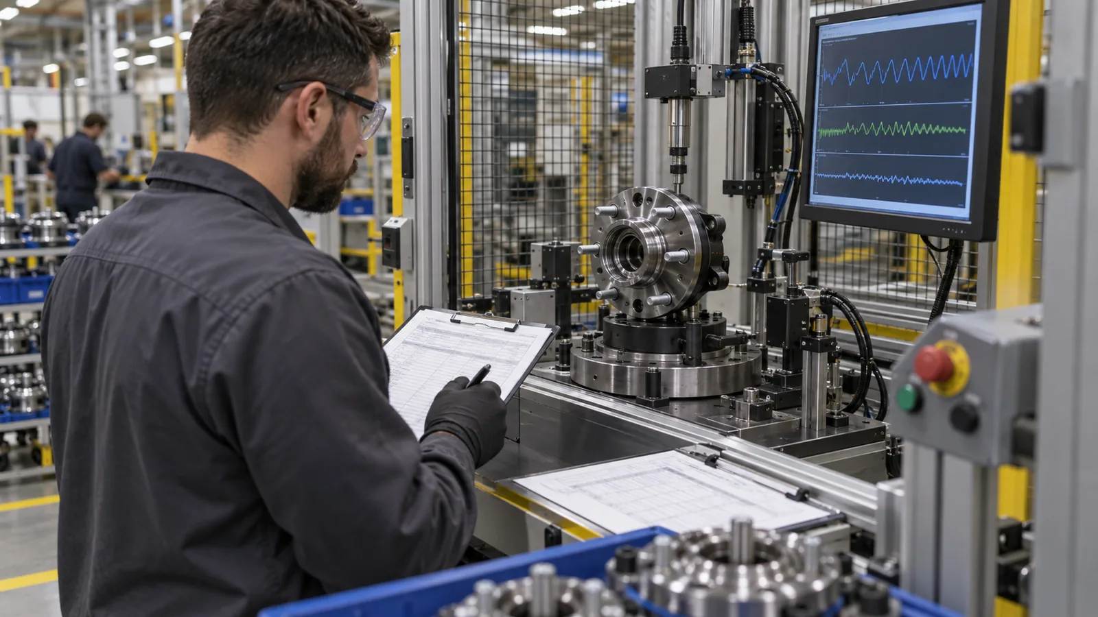 Test technician evaluating an unbranded wheel hub assembly on a guarded end-of-line fixture