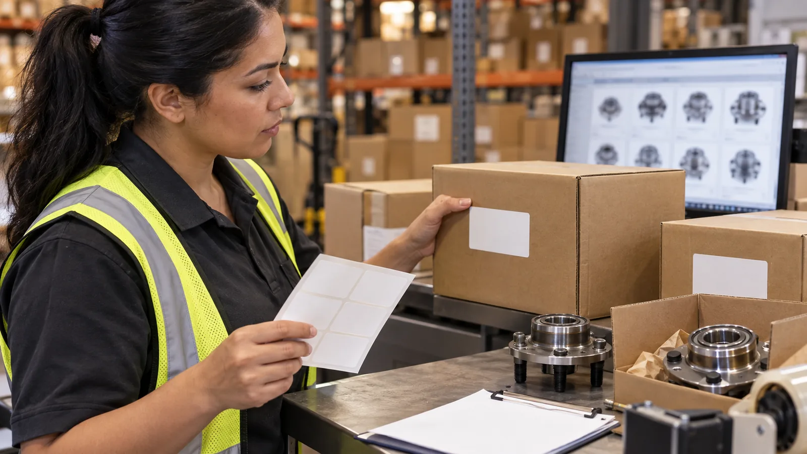 Packaging compliance reviewer checking neutral condition labels on unbranded wheel hub cartons