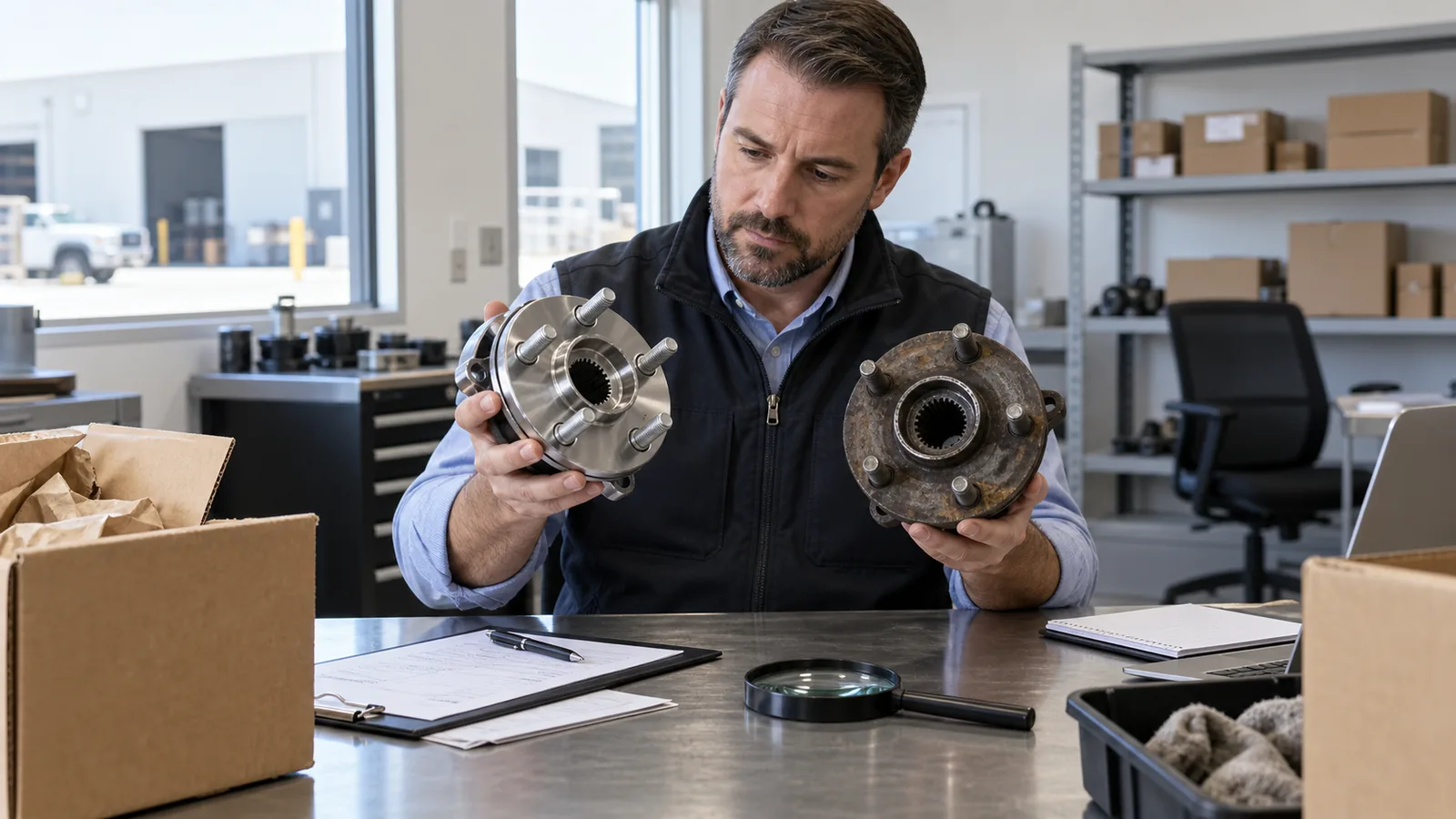 Parts buyer comparing new and previously used unbranded wheel hub samples with an evidence file