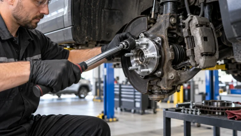 Technician installing an unbranded wheel hub assembly with a torque wrench