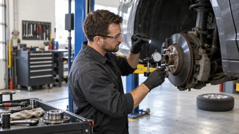 Technician inspecting a passenger-vehicle wheel hub with a dial indicator and flashlight