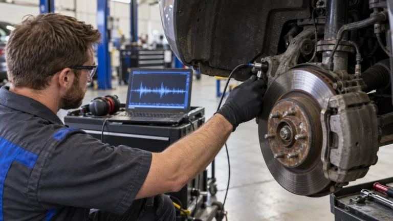 Technician measuring vibration near an exposed passenger-vehicle wheel hub