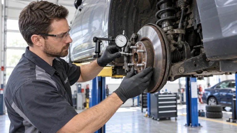 Technician performing a safety inspection on a passenger-vehicle wheel hub
