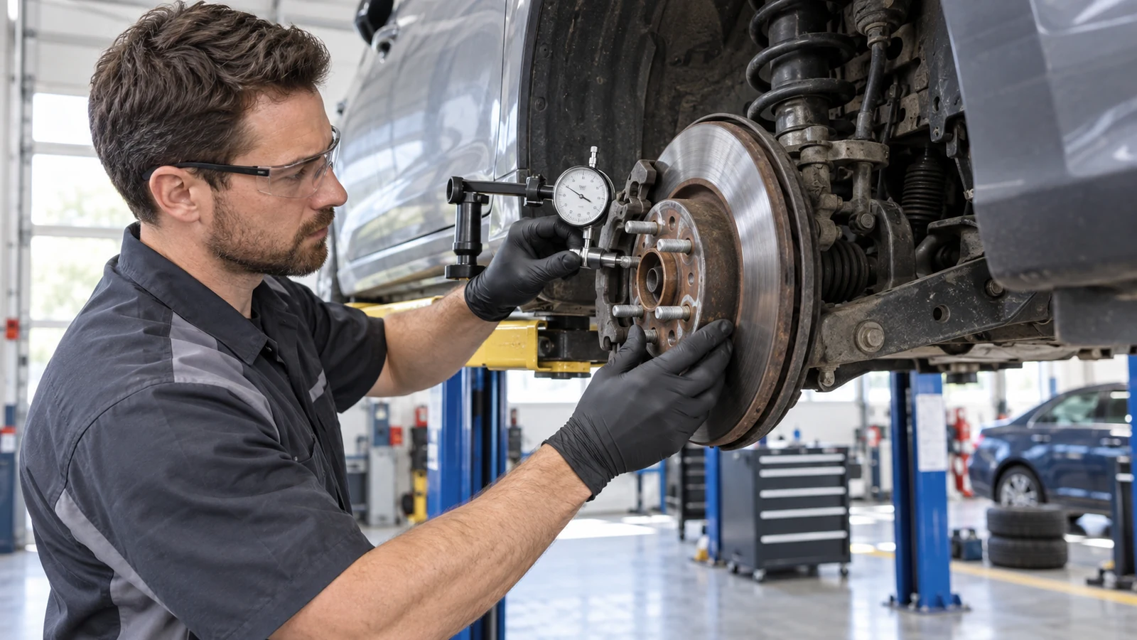 Technician performing a safety inspection on a passenger-vehicle wheel hub