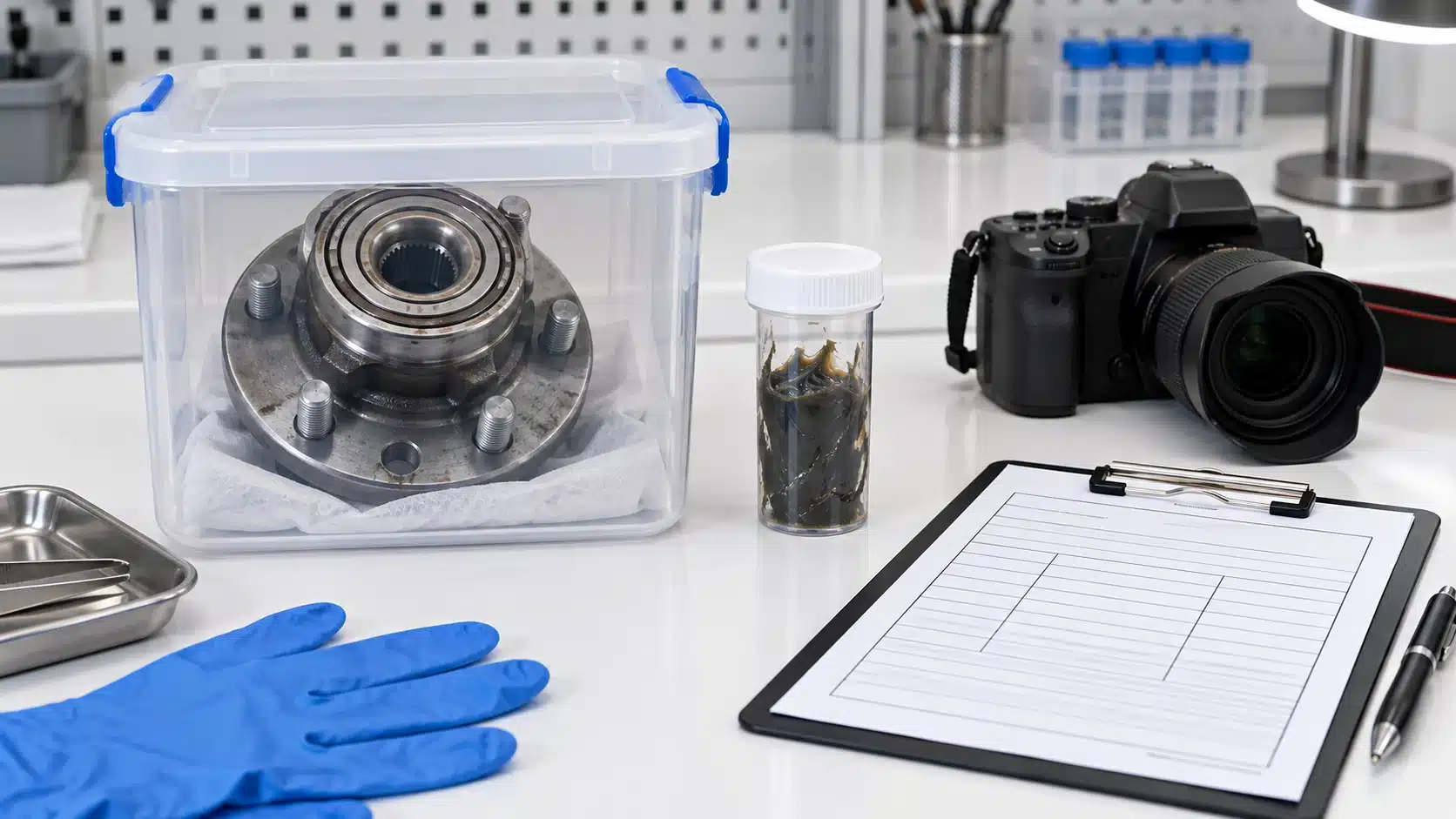 Illustration of a returned hub bearing in a specimen container with a separate sample vial and inspection record