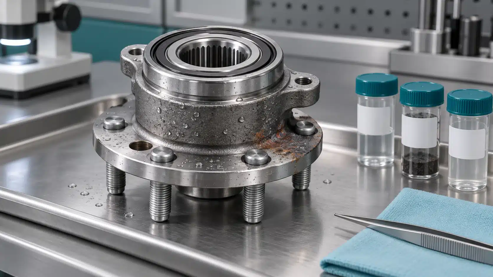Conceptual illustration of moisture on a wheel hub assembly beside separate examination sample vials