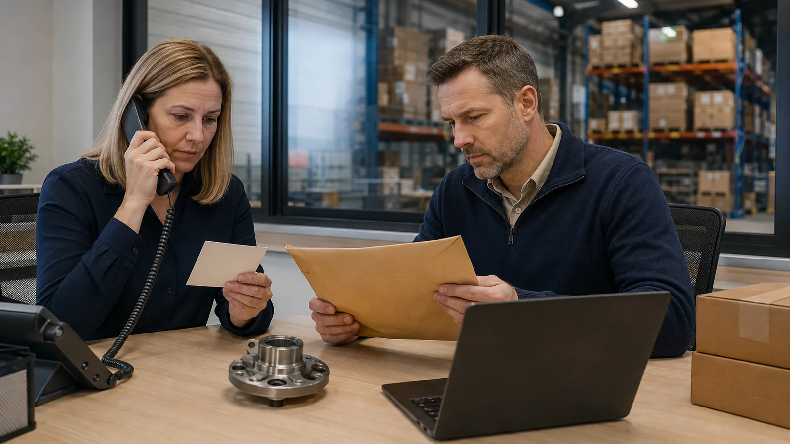 Accounts payable and procurement staff verifying supplier payment-change documents away from an open email inbox