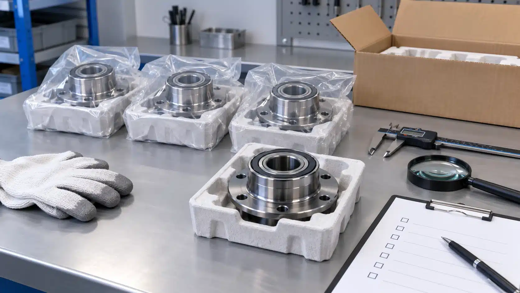 Wheel Hub Bearing Inspection: Build a Plan Buyers Can Verify 7 Illustration of individually packaged wheel hub bearings beside receiving inspection tools and a checklist