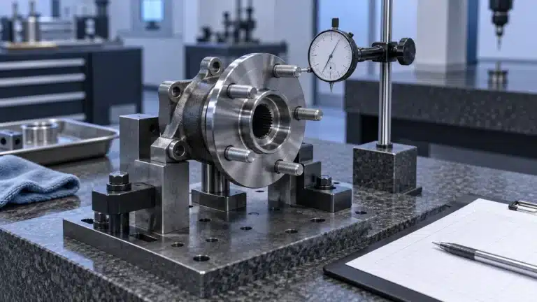 Illustration of a wheel hub assembly in an inspection fixture with a dial indicator positioned nearby