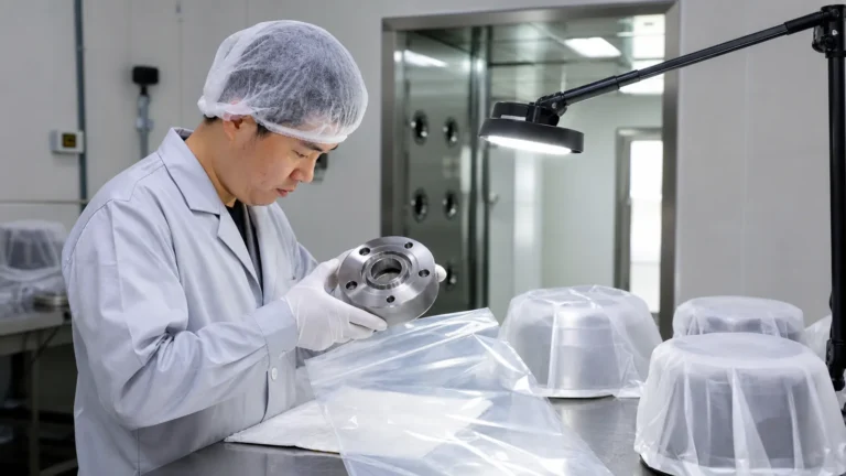 Clean manufacturing technician inspecting an unbranded wheel hub under controlled lighting before packaging