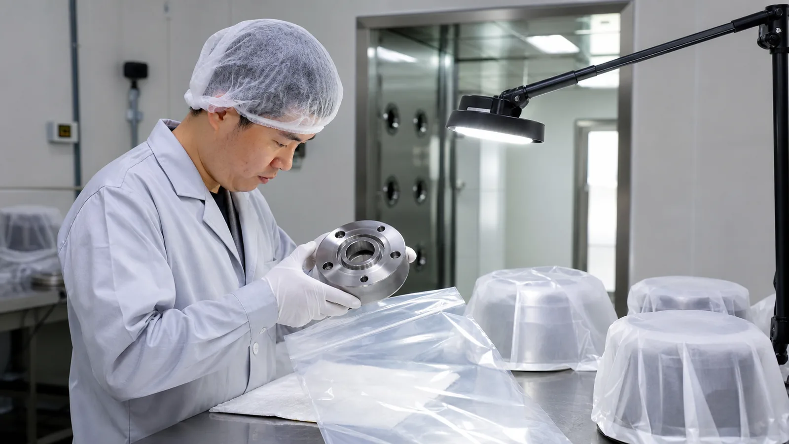 Clean manufacturing technician inspecting an unbranded wheel hub under controlled lighting before packaging