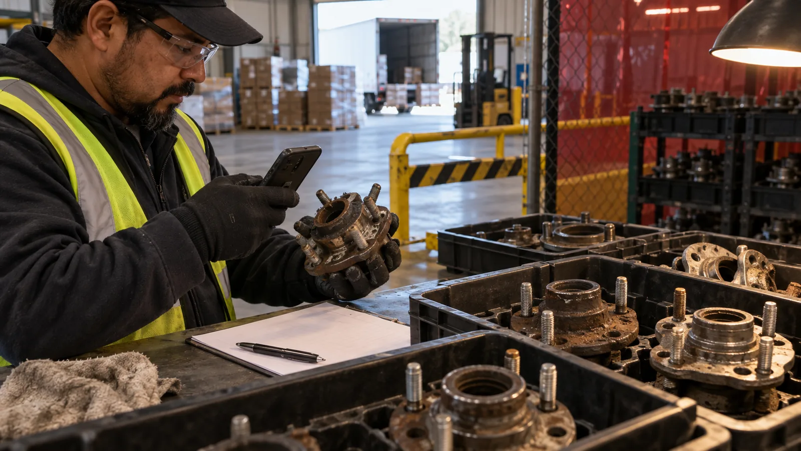 Receiving inspector grading previously used unbranded wheel hub cores in a quarantine area