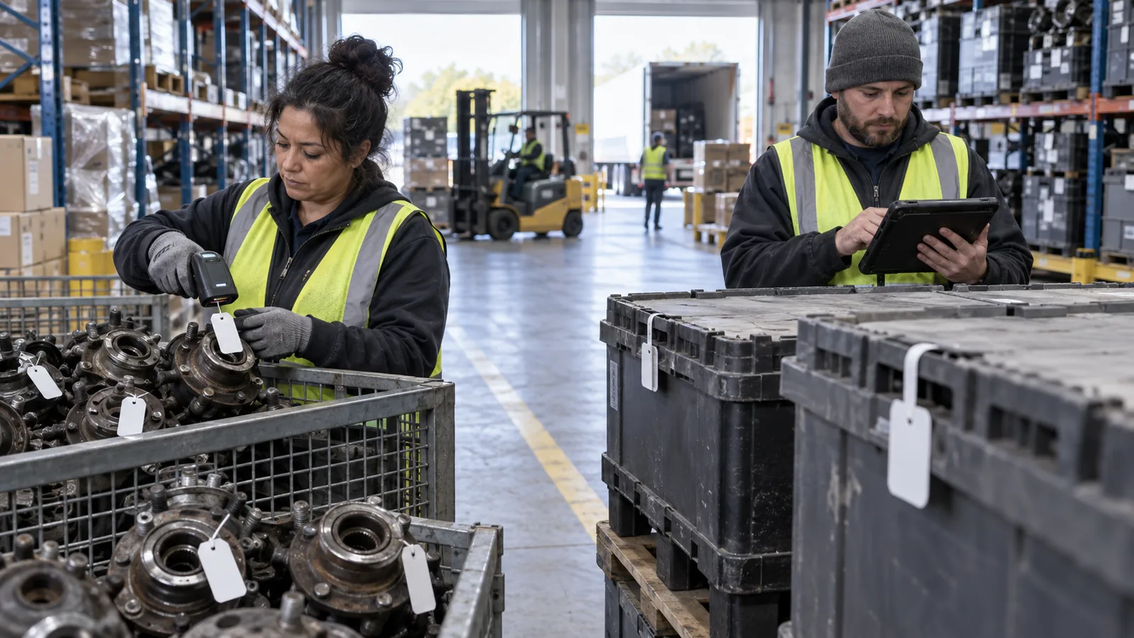Traceability coordinator scanning neutral tags on used wheel hub cores and return containers
