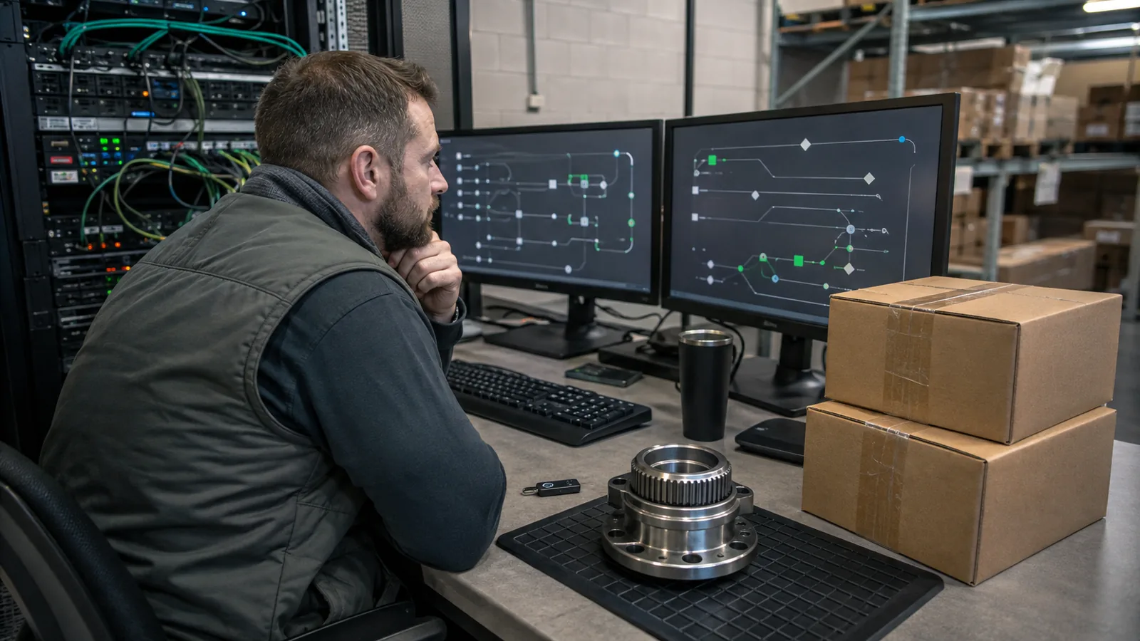 Integration engineer reviewing secure trading partner connections on monitors near unbranded wheel hub cartons