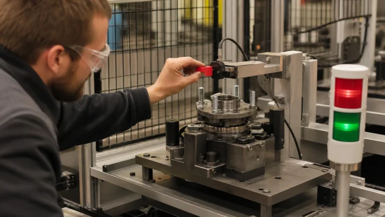 Production engineer challenging an unbranded wheel hub assembly poka-yoke sensor at a workstation