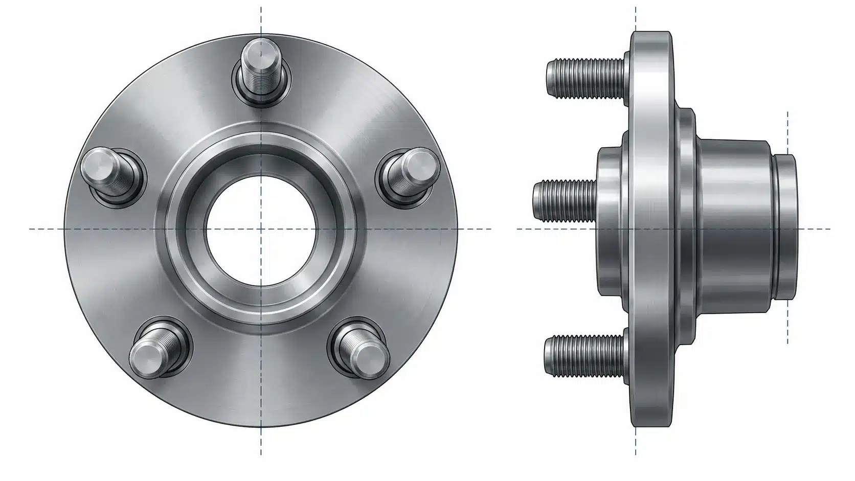 Conceptual front and side views of a wheel hub flange showing distinct faces and reference axes