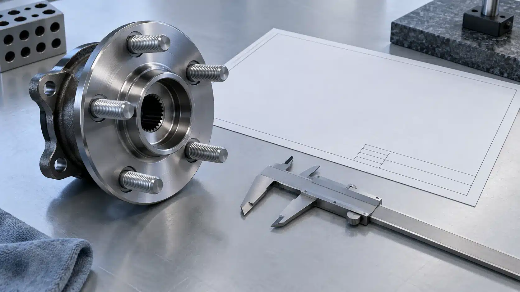 Illustration of a five-stud wheel hub assembly beside a caliper and an unmarked drawing