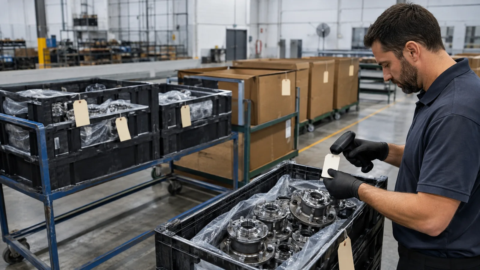 Warehouse quality specialist scanning status labels on segregated unbranded wheel hub lots
