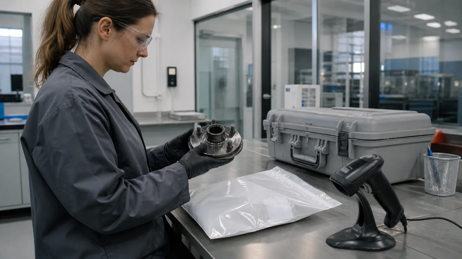 Independent laboratory technician logging an unbranded wheel hub sample before dimensional testing