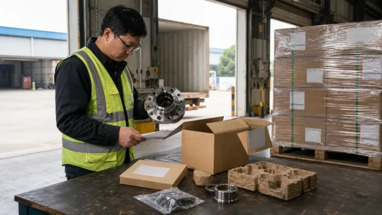 Independent auditor checking a packed unbranded wheel hub against label and finished-part records at a shipping dock