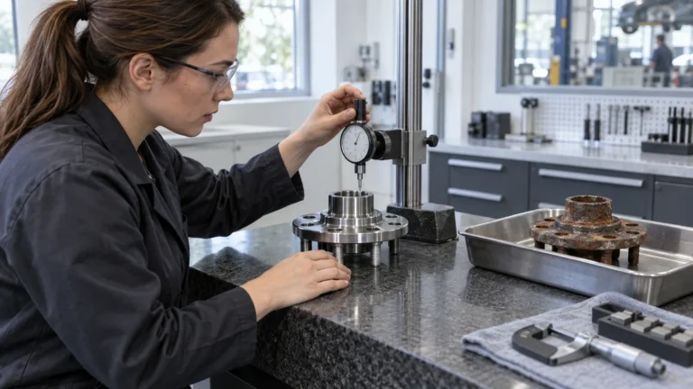 Metrology technician measuring a cleaned unbranded serviceable wheel hub component at an inspection bench