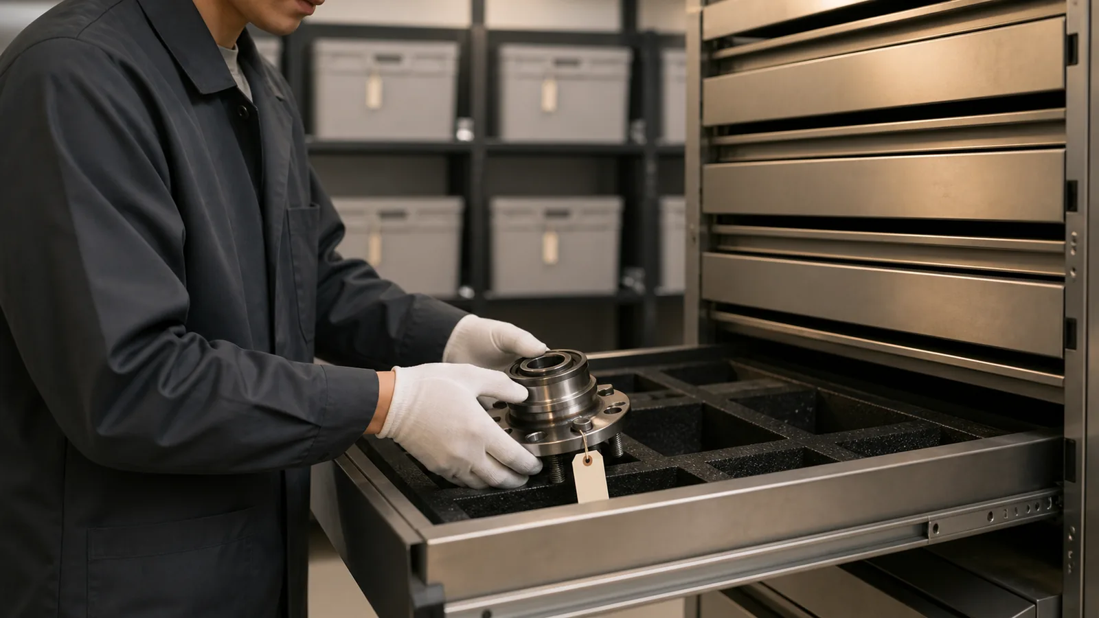 Quality specialist retrieving a tagged unbranded wheel hub reference sample from controlled storage