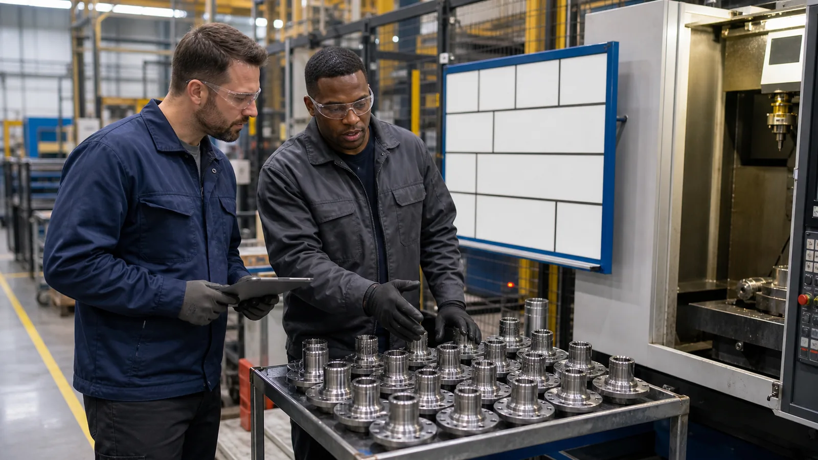 Outgoing and incoming production supervisors reviewing an unbranded wheel hub line status board at shift change