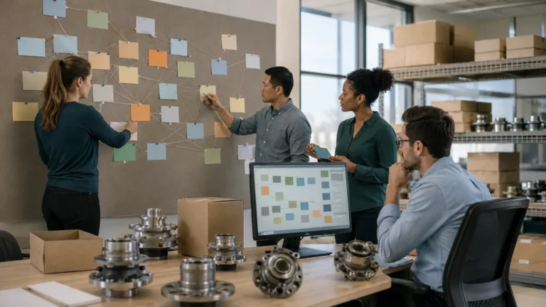 Data governance team mapping cloud service dependencies beside unbranded wheel hub product records