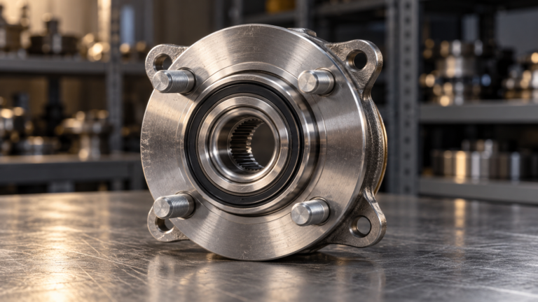 Sealed rear wheel hub assembly with pressed wheel studs and machined mounting flange standing on an industrial workbench