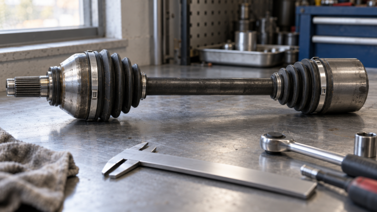 Complete right-hand front CV axle assembly with rubber boots and machined splines resting on a workshop steel bench
