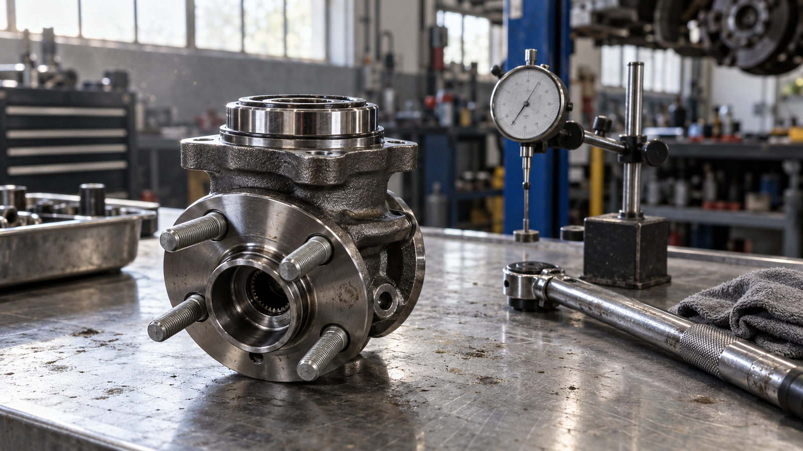 Wheel hub bearing unit on a workshop inspection bench with a dial indicator and torque wrench, set up for a bearing maintenance checklist