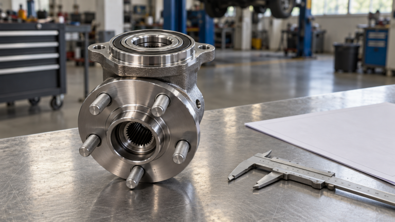 Machined automotive wheel hub bearing unit on a workshop bench beside a caliper and a blank drawing sheet