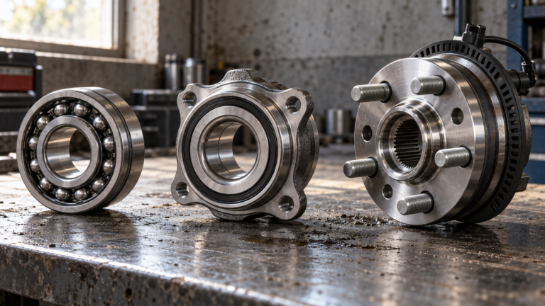 Three automotive wheel hub bearing units of different generations on a workshop bench, from a bare double row bearing to a flanged hub unit