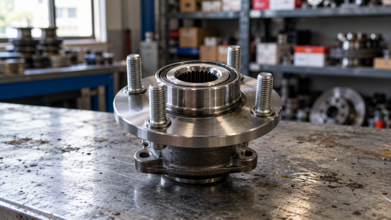 Rear wheel hub assembly with machined flange and wheel studs on a workshop bench, representing the HJDP 43202-ED305 class of hub unit