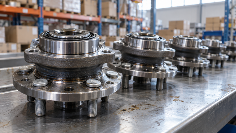 Automotive wheel hub bearing units arranged on a workshop bench in a spare-parts warehouse