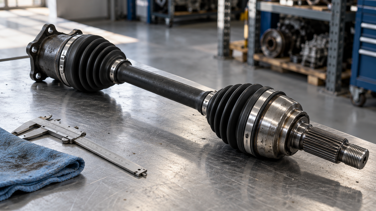 Right-hand CV axle assembly with ribbed rubber boots resting on a steel inspection bench in an automotive parts workshop
