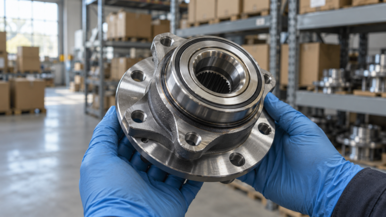 Third-generation wheel hub bearing unit held in gloved hands in a parts warehouse