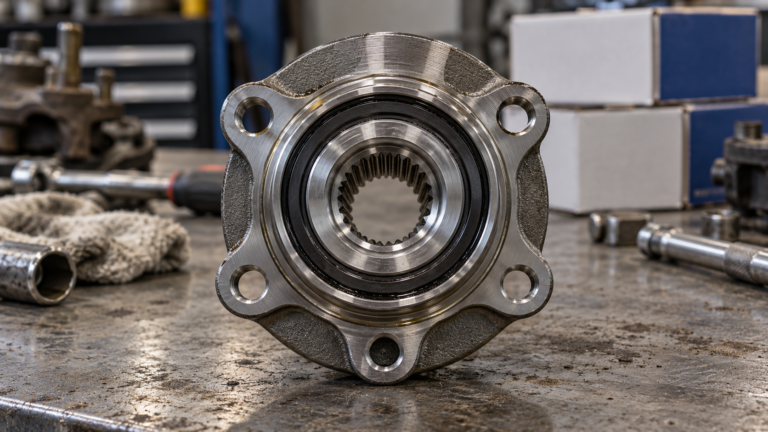 Sealed third-generation wheel hub bearing unit with flanged outer ring standing on a workshop bench