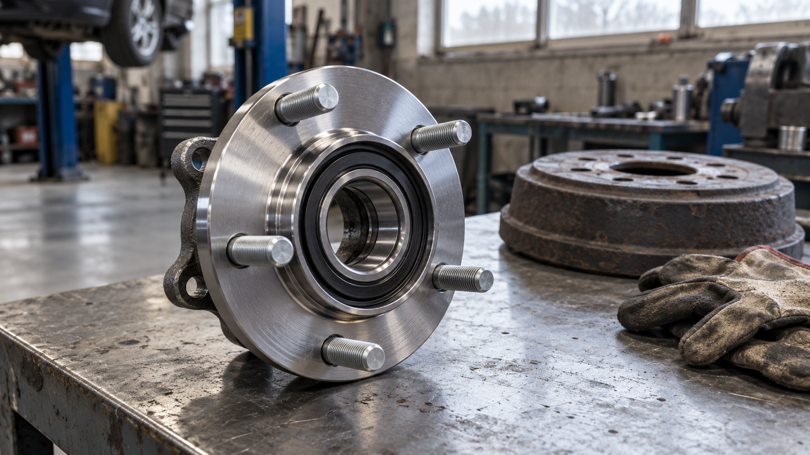New rear wheel hub assembly with pressed-in wheel studs standing on a workshop bench beside a brake drum