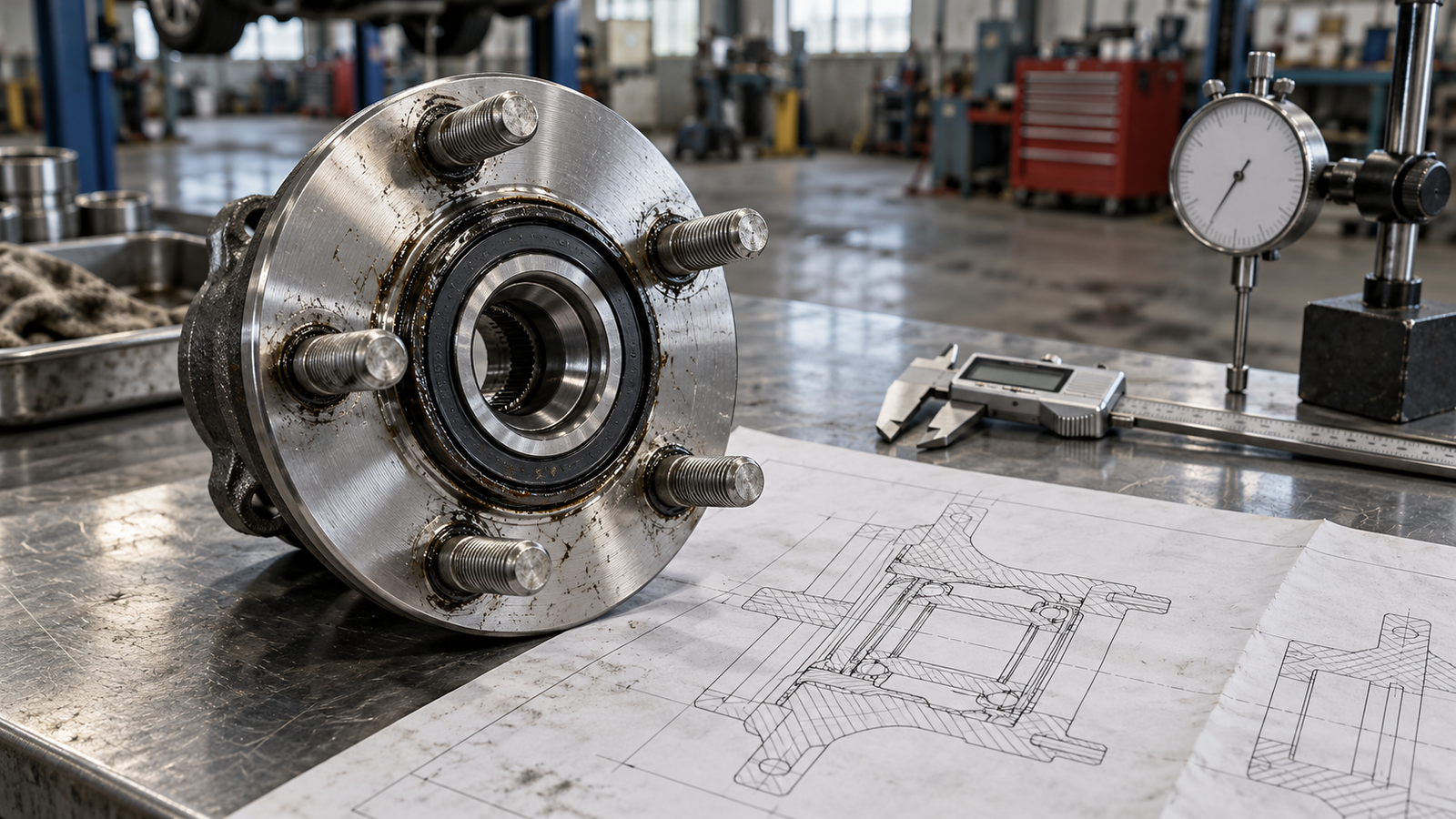 Sealed rear wheel hub bearing assembly with flanged hub and wheel studs on a workshop bench next to an engineering drawing and caliper